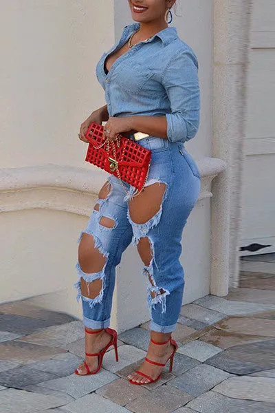 Curled Big Holes Slim High Waist Long Jeans