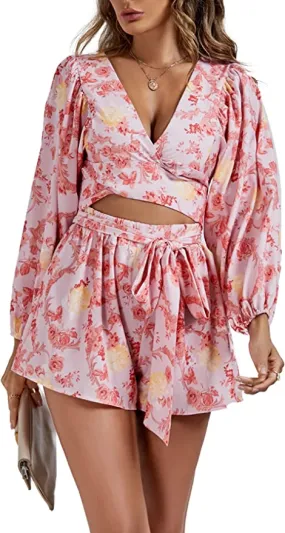 Destination Pink Floral Long Sleeve Shorts Romper