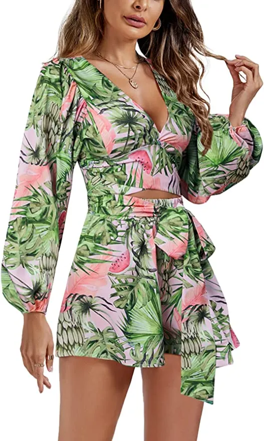 Destination Pink Floral Long Sleeve Shorts Romper