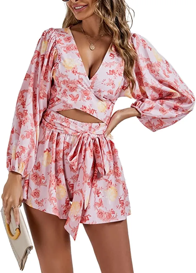 Destination Pink Floral Long Sleeve Shorts Romper