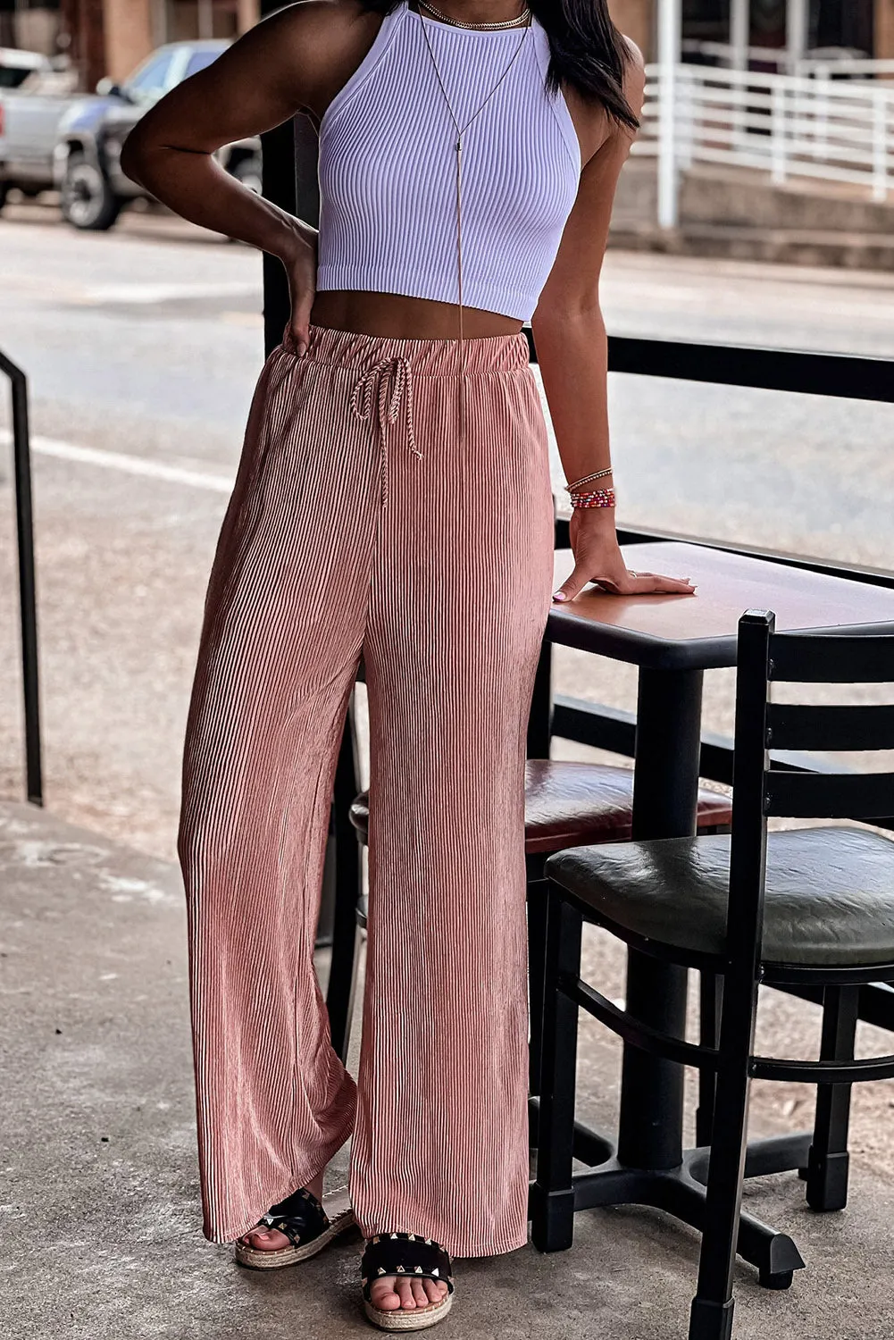 Drawstring High Waist Textured Wide Leg Pants