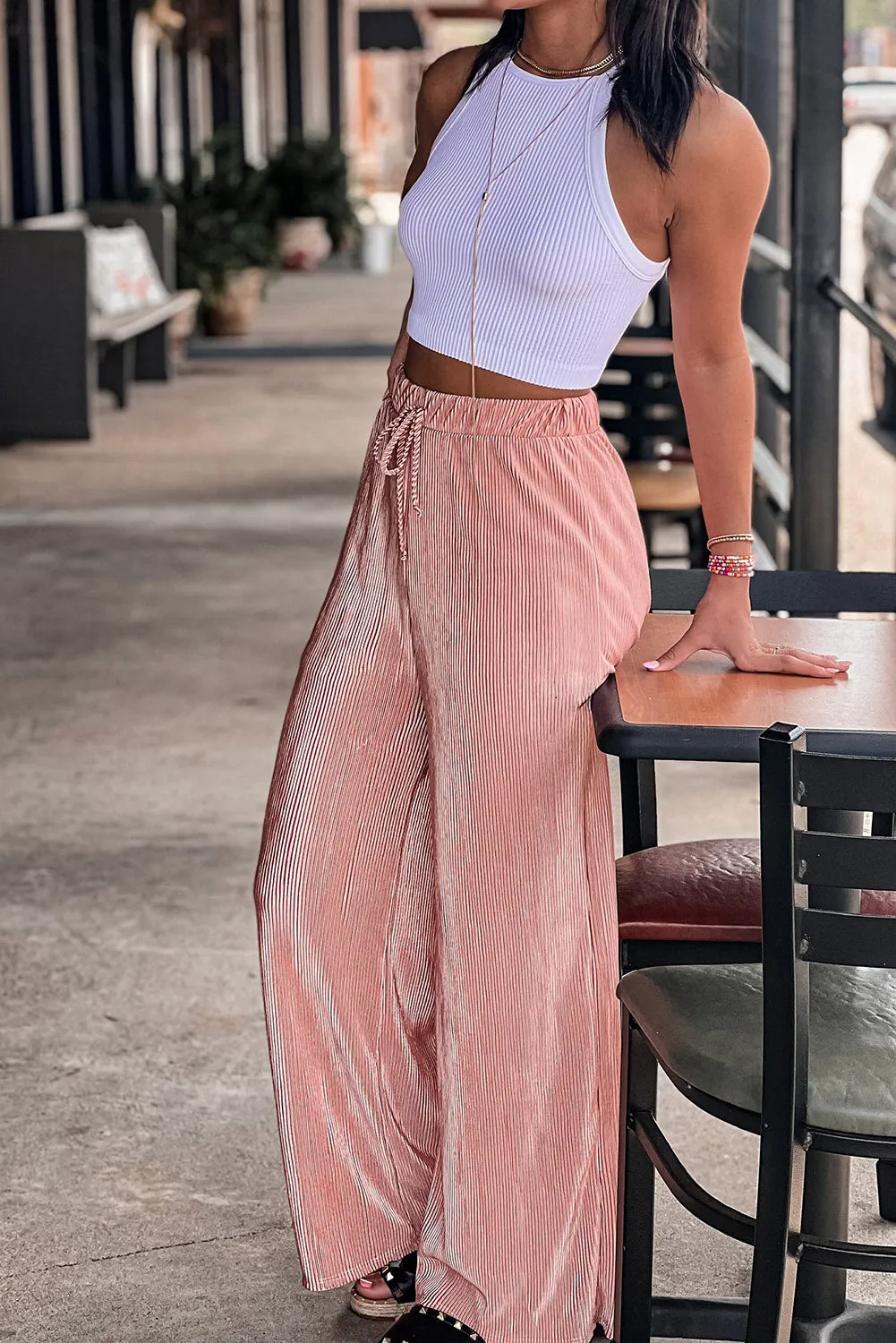 Drawstring High Waist Textured Wide Leg Pants