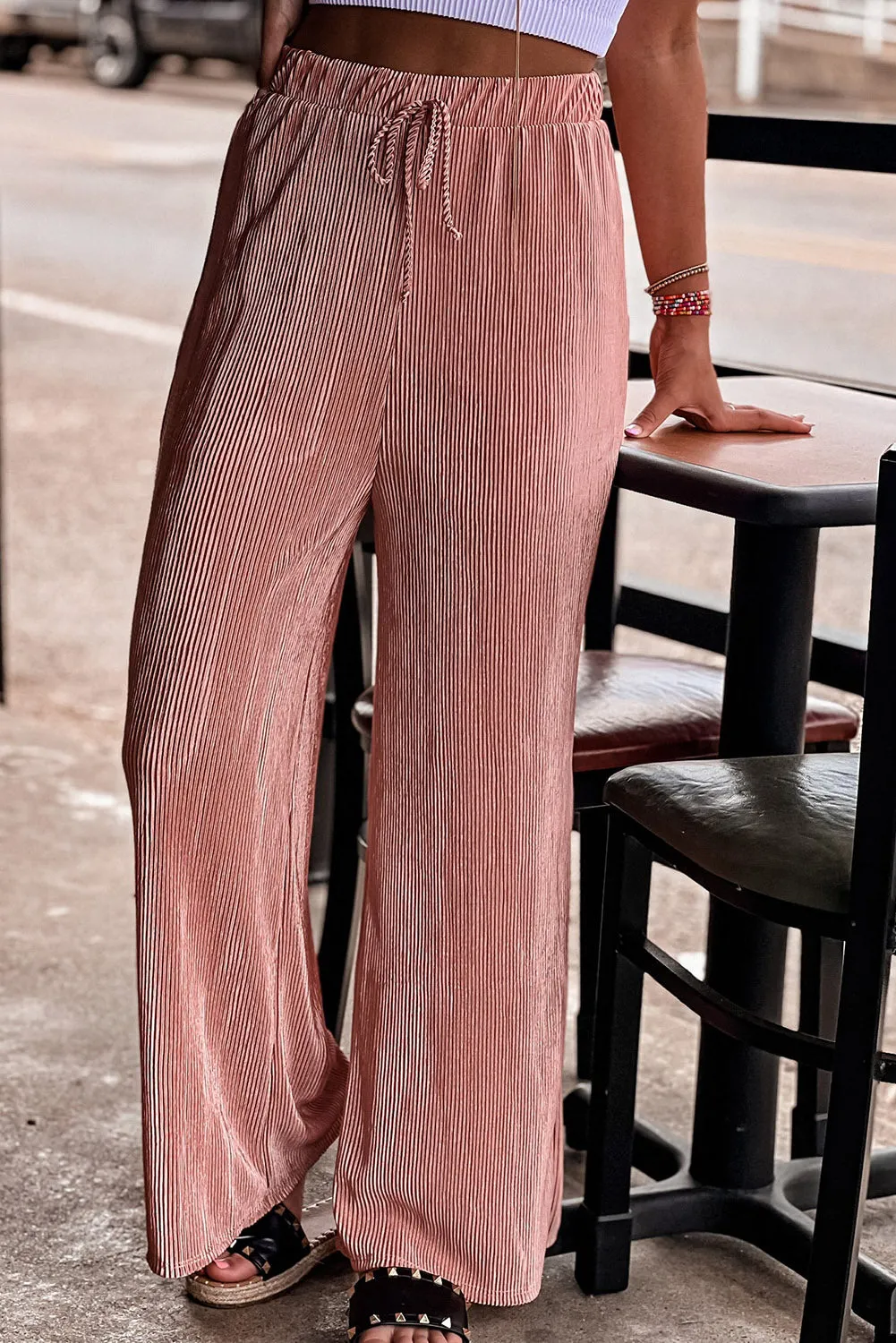 Drawstring High Waist Textured Wide Leg Pants