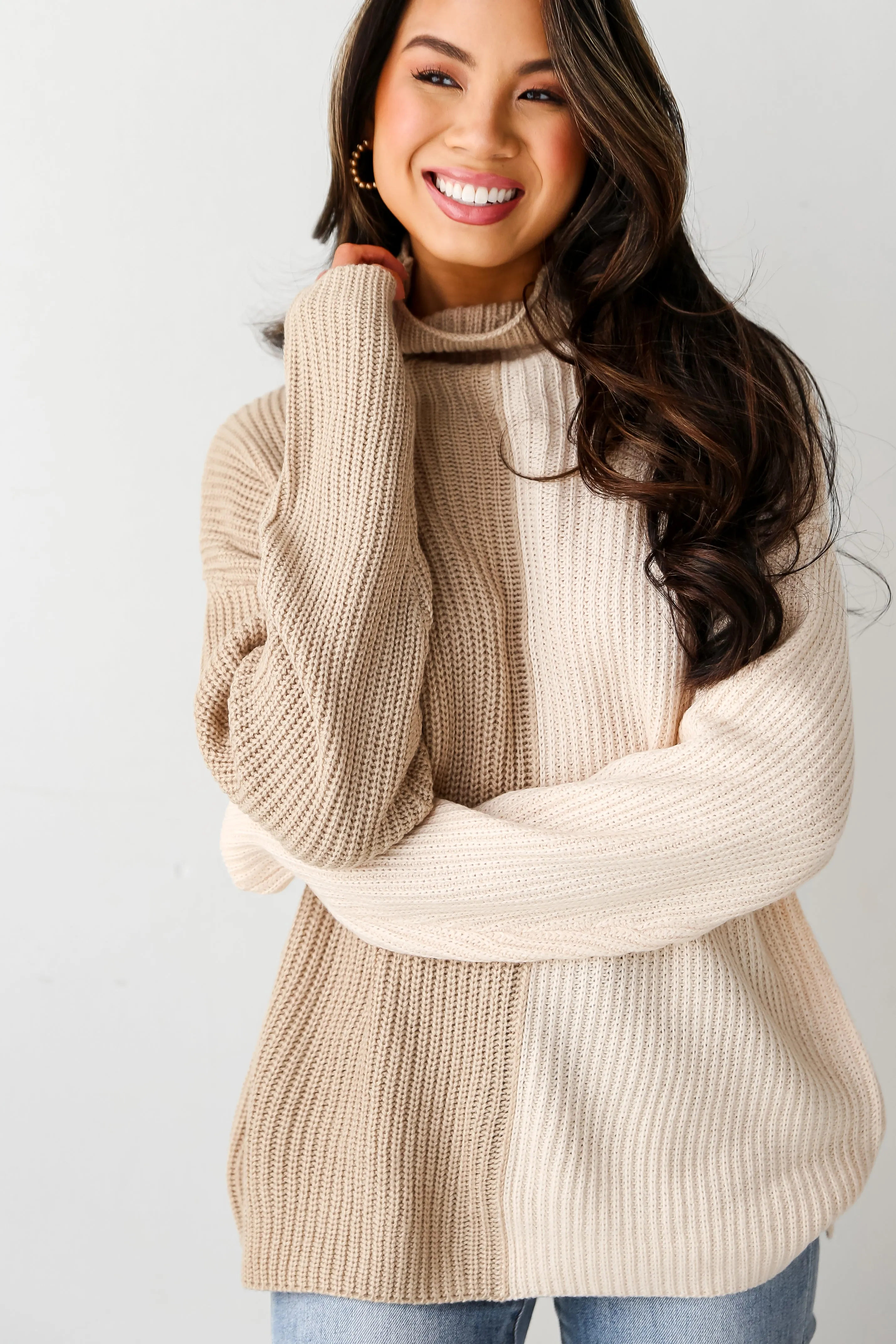 FINAL SALE - Cozy Essence Oatmeal Color Block Mock Neck Sweater