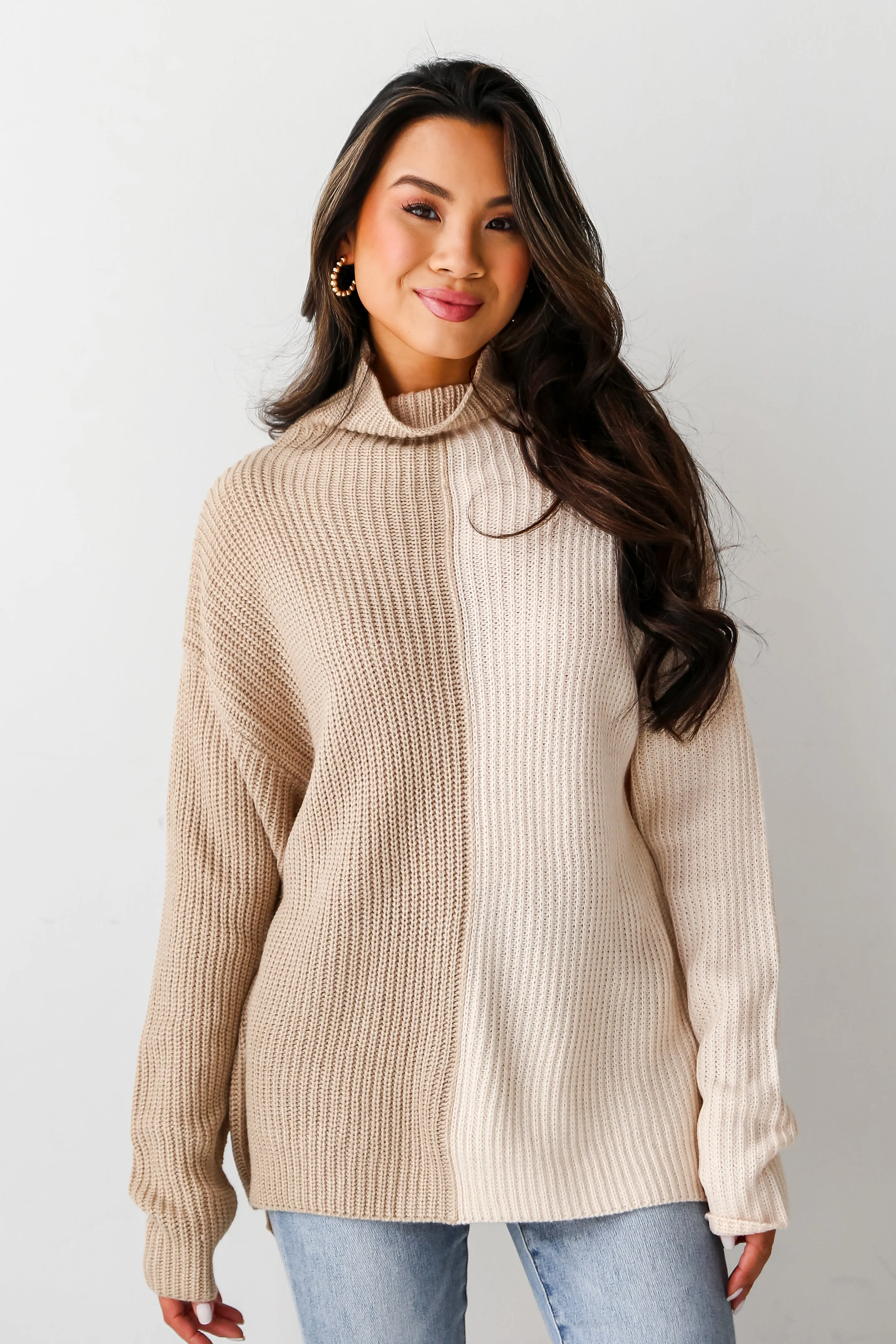 FINAL SALE - Cozy Essence Oatmeal Color Block Mock Neck Sweater