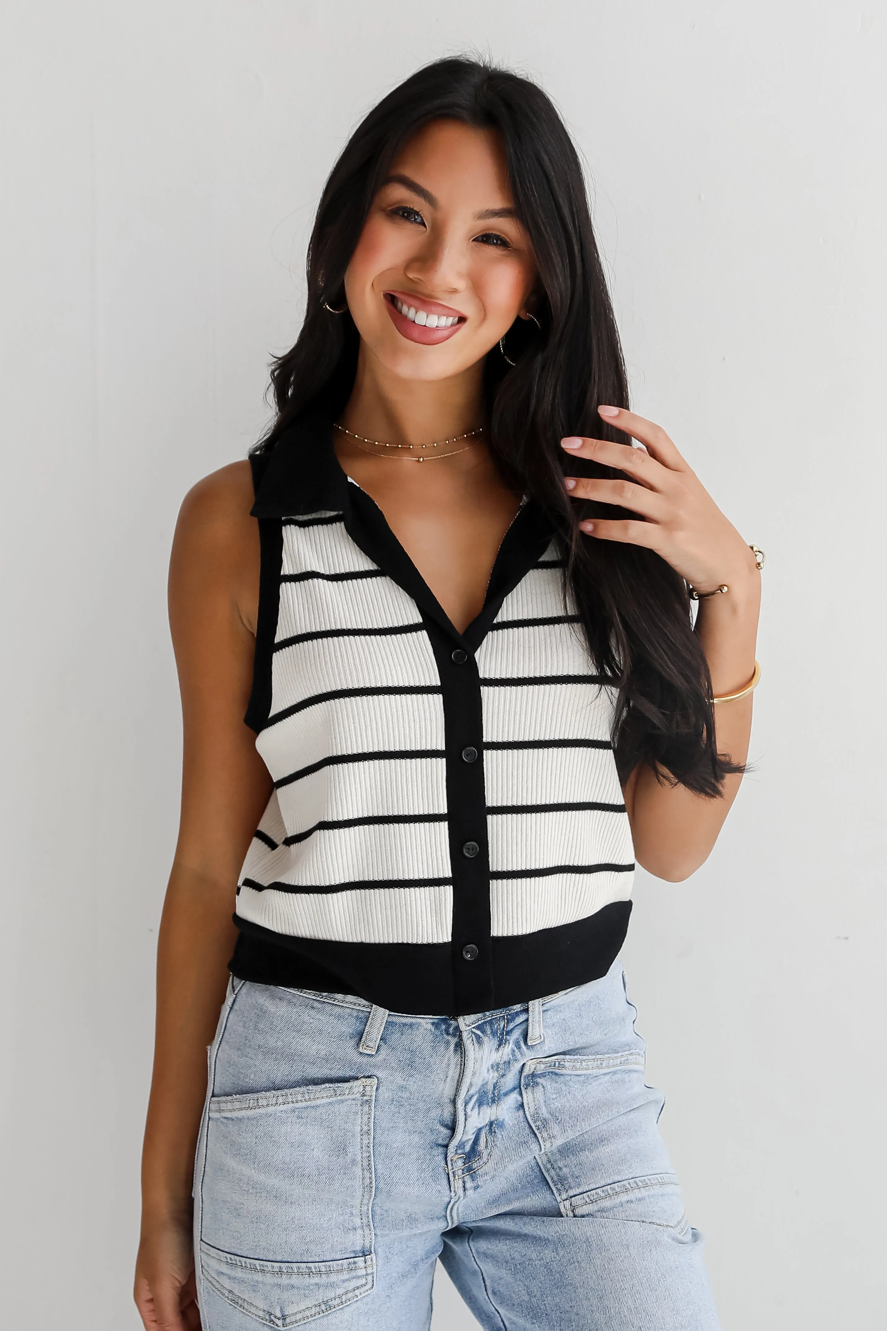 FINAL SALE - Novel Poise Cream Striped Collared Knit Tank