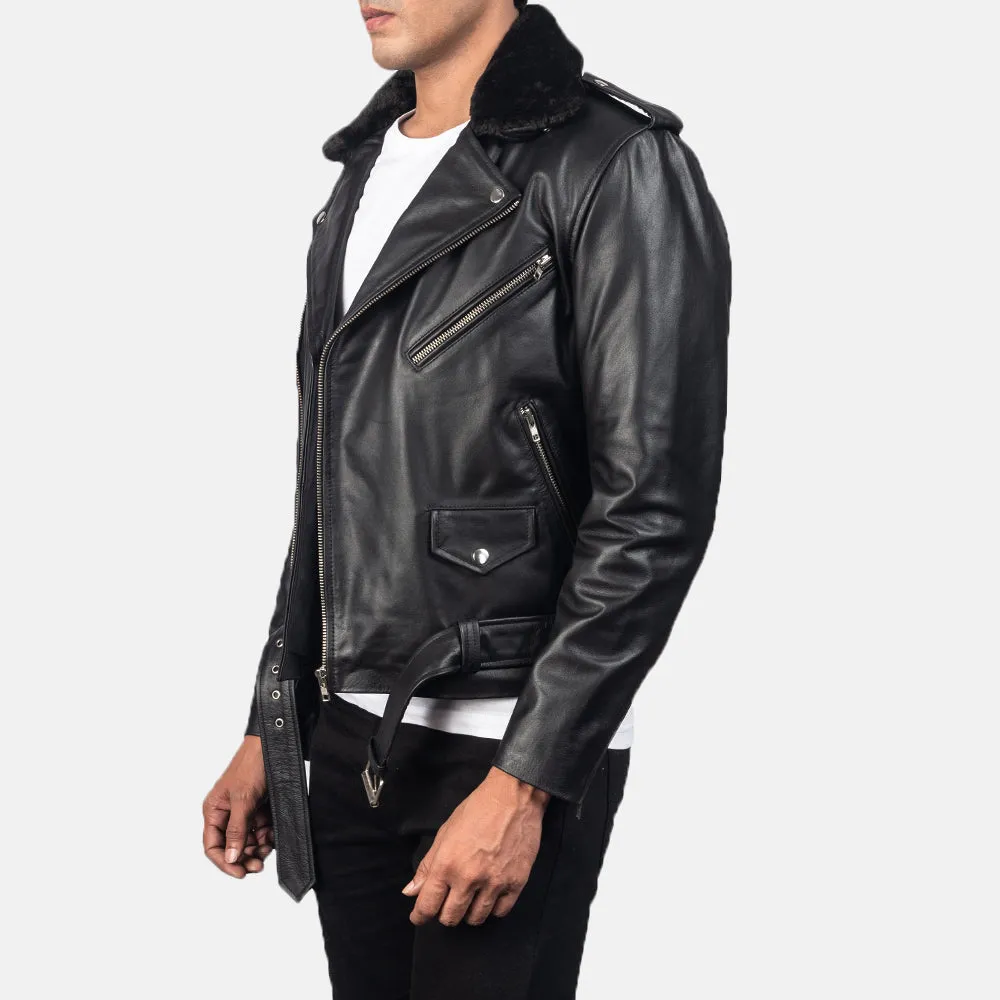 Furton Black Leather Biker Jacket