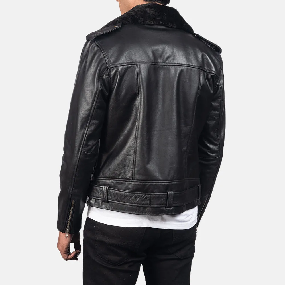 Furton Black Leather Biker Jacket