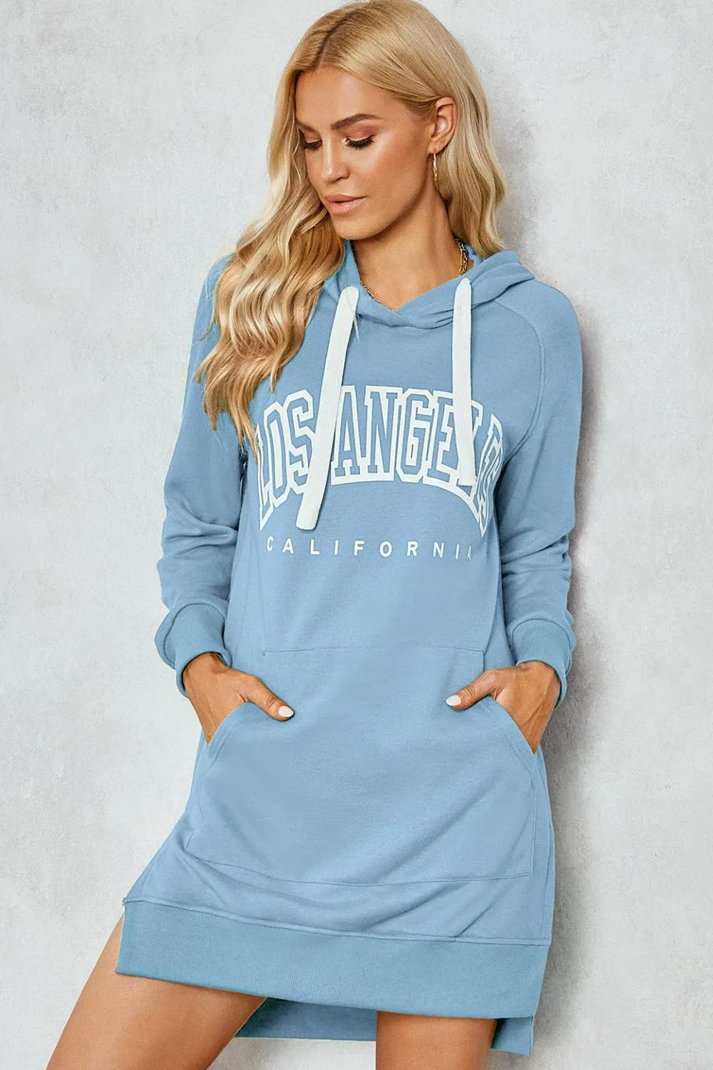 Graphic Raglan Sleeve Slit Hooded Dress