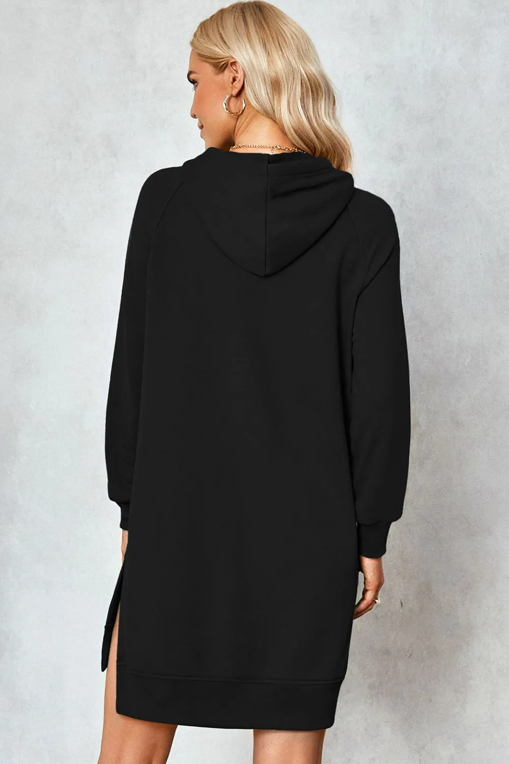 Graphic Raglan Sleeve Slit Hooded Dress