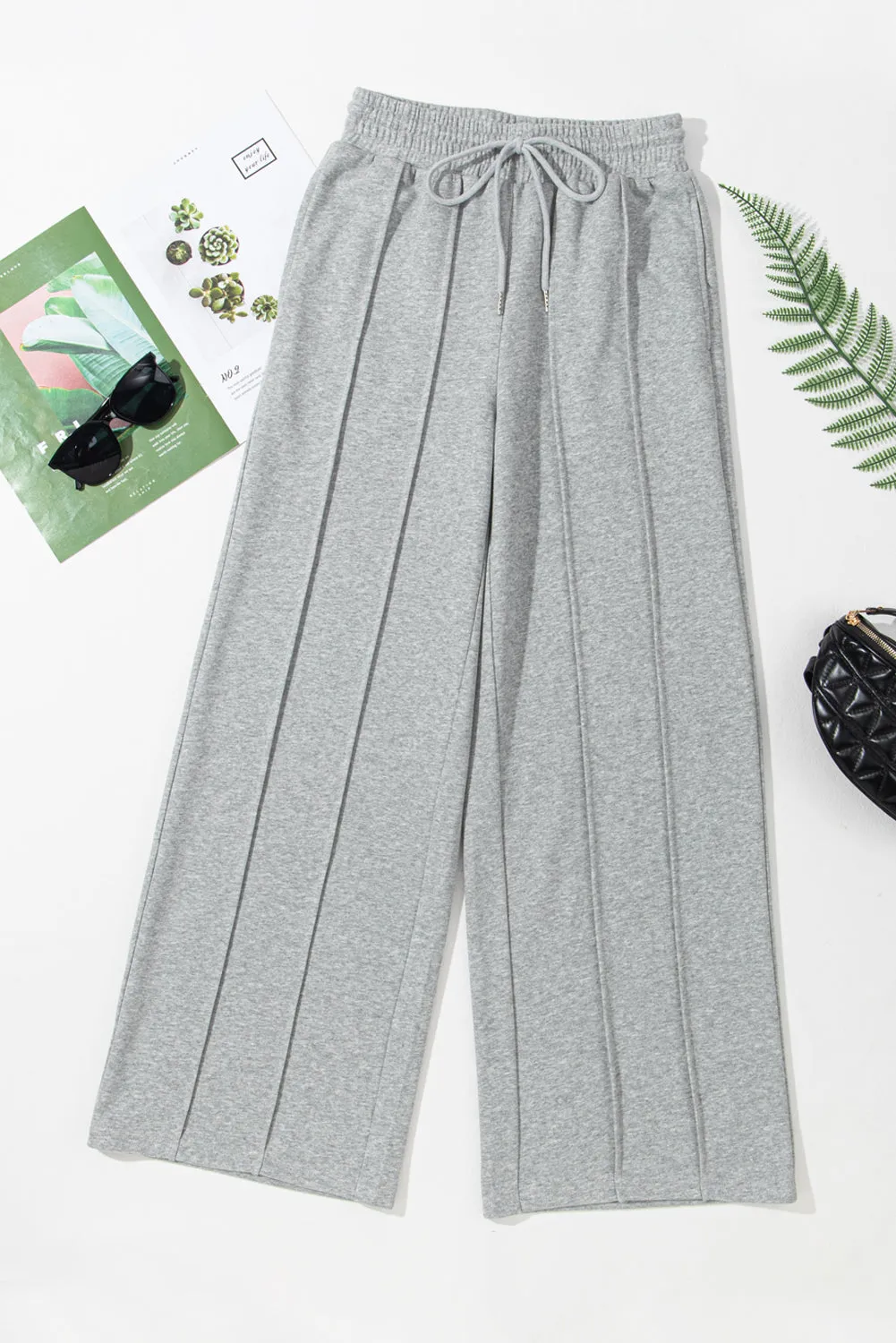 Gray Seamed Drawstring High Waist Wide Leg Sweatpants