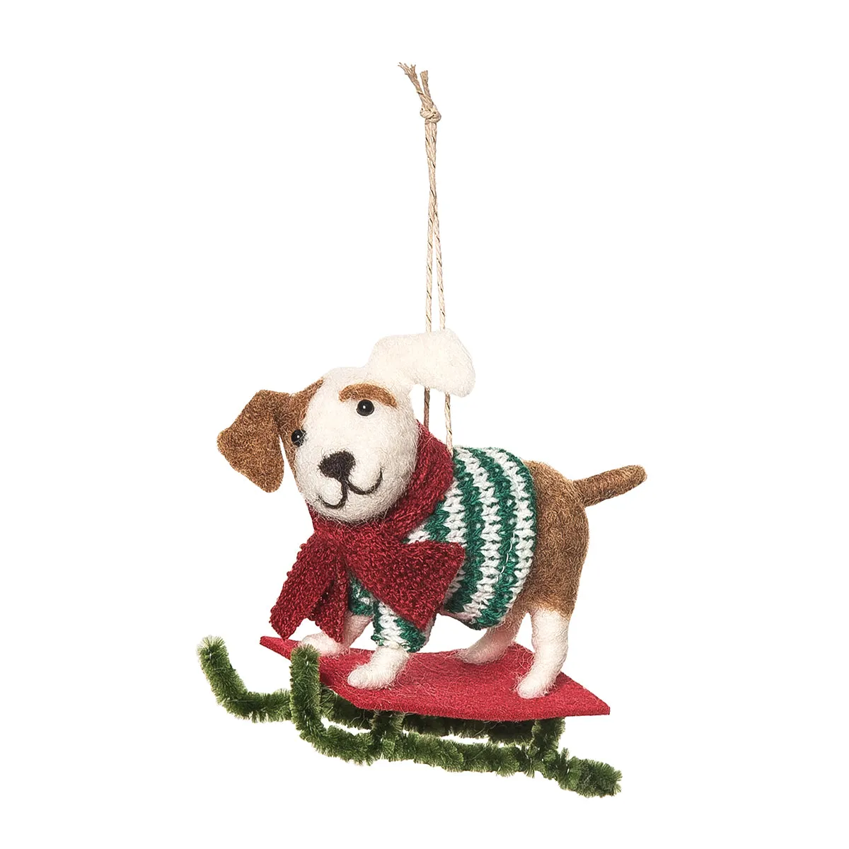 Green Sweater Sleigh Dog Ornament