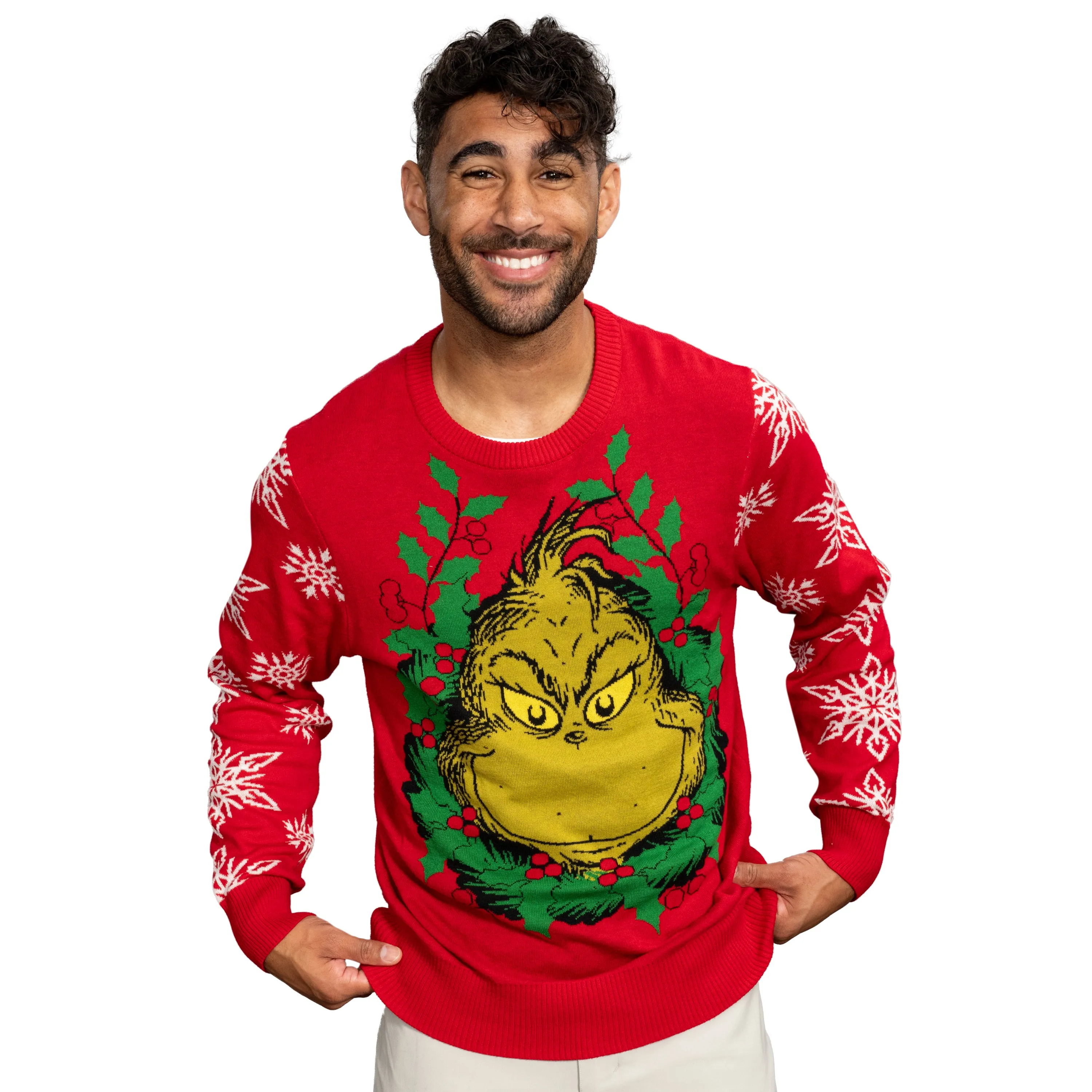 Grinch Head Santa Hat Wreath Sweater