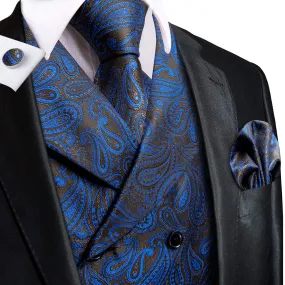 Hi-Tie Black Blue Paisley Men's Collar Vest Hanky Cufflinks Tie Set