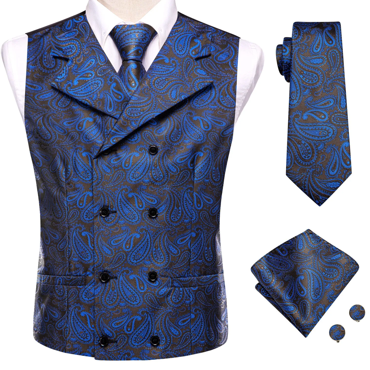 Hi-Tie Black Blue Paisley Men's Collar Vest Hanky Cufflinks Tie Set