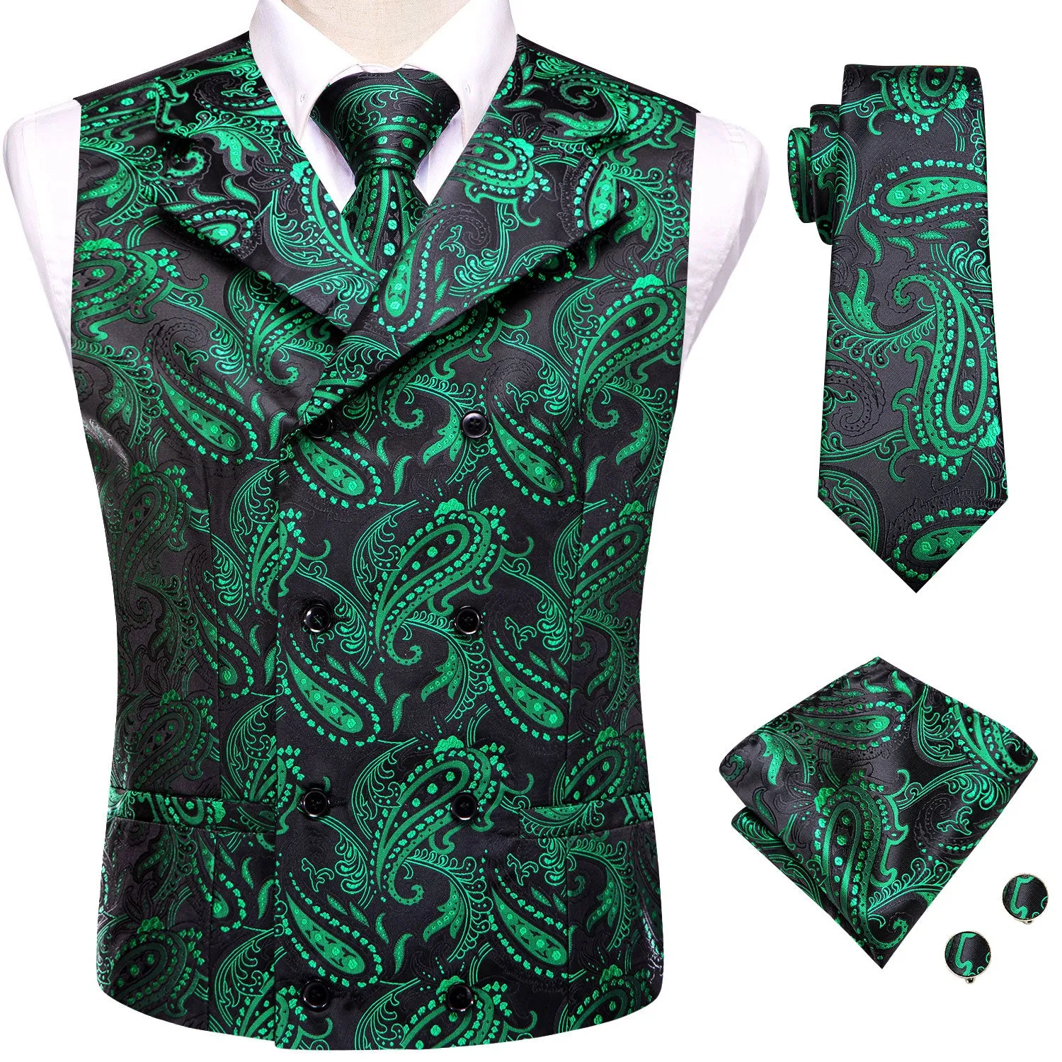 Hi-Tie Black Green Paisley Men's Collar Vest Hanky Cufflinks Tie Set