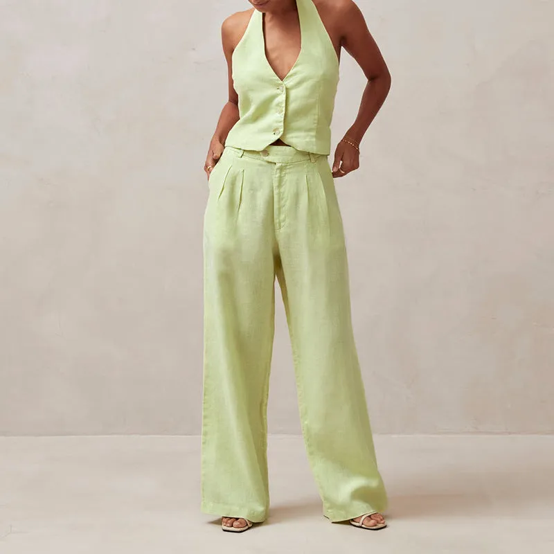 High Waist Solid Color Pleated Linen Pants (3 colors)