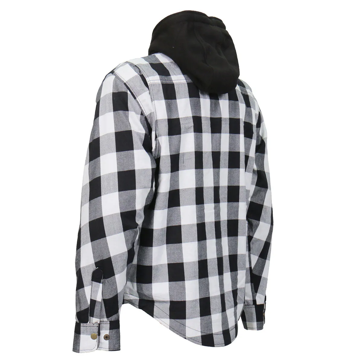 Hot Leathers JKM3006 Men’s Black and White Hooded Armored Flannel Motorcycle Shirt-Jacket w/ CE Armor Protection