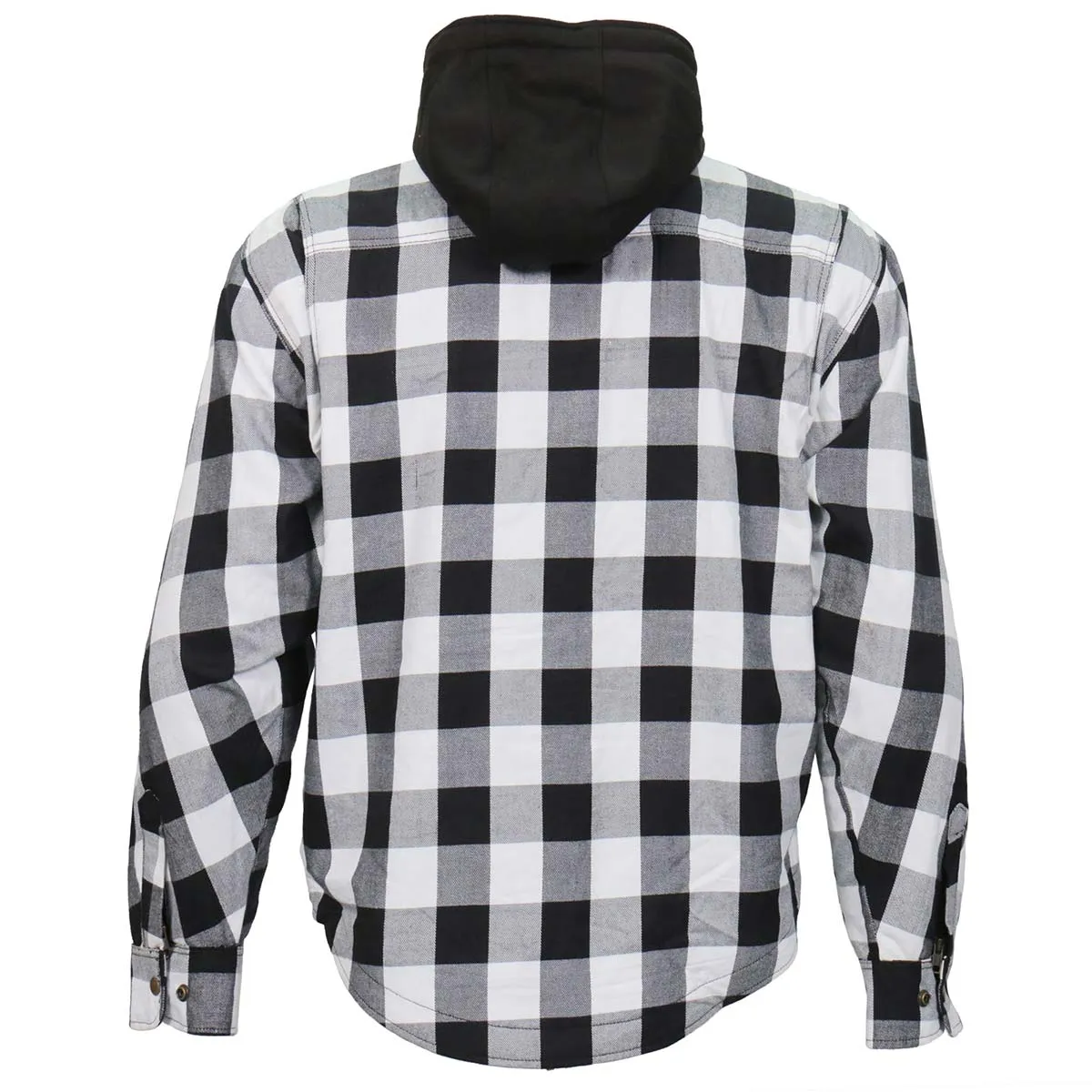 Hot Leathers JKM3006 Men’s Black and White Hooded Armored Flannel Motorcycle Shirt-Jacket w/ CE Armor Protection