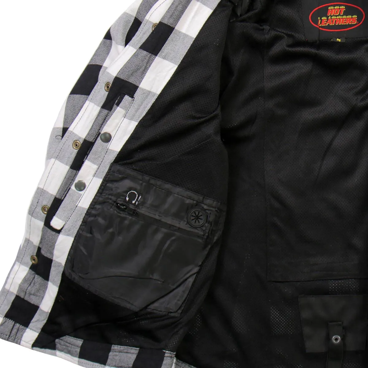 Hot Leathers JKM3006 Men’s Black and White Hooded Armored Flannel Motorcycle Shirt-Jacket w/ CE Armor Protection