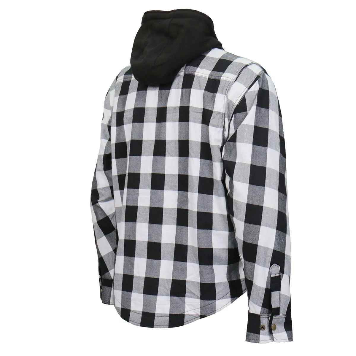 Hot Leathers JKM3006 Men’s Black and White Hooded Armored Flannel Motorcycle Shirt-Jacket w/ CE Armor Protection