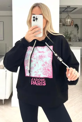 jadore paris black printed oversized double string hoodie