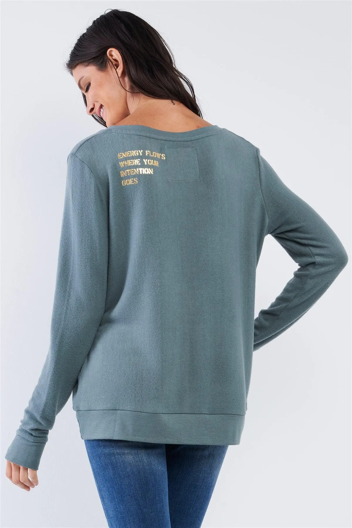 Kale Green "Energy Flows Where Your Intentions Are" Star Graphic  Long Sleeve V-Neck Top /2-3