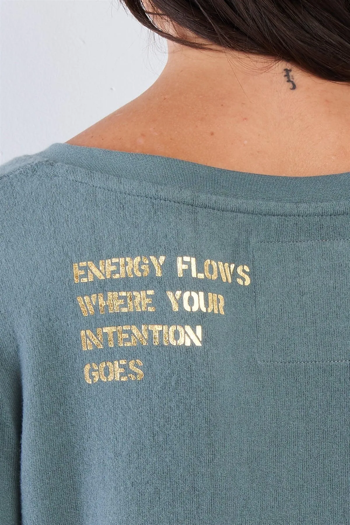 Kale Green "Energy Flows Where Your Intentions Are" Star Graphic  Long Sleeve V-Neck Top /2-3