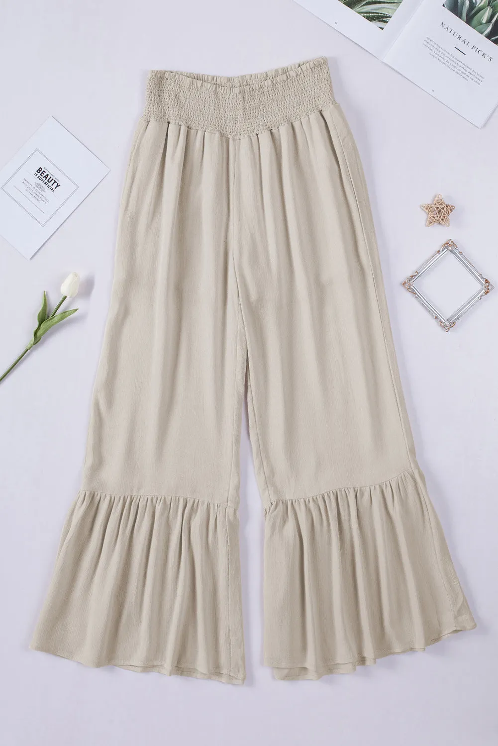 Khaki Smocked High Waist Ruffled Wide Leg Pants