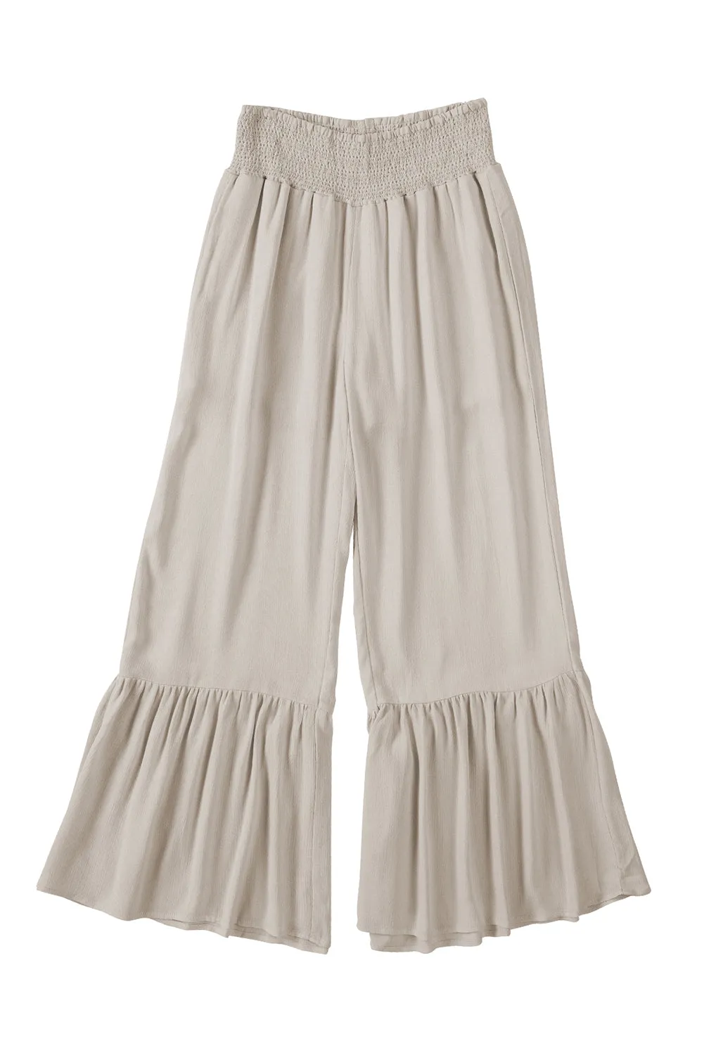 Khaki Smocked High Waist Ruffled Wide Leg Pants