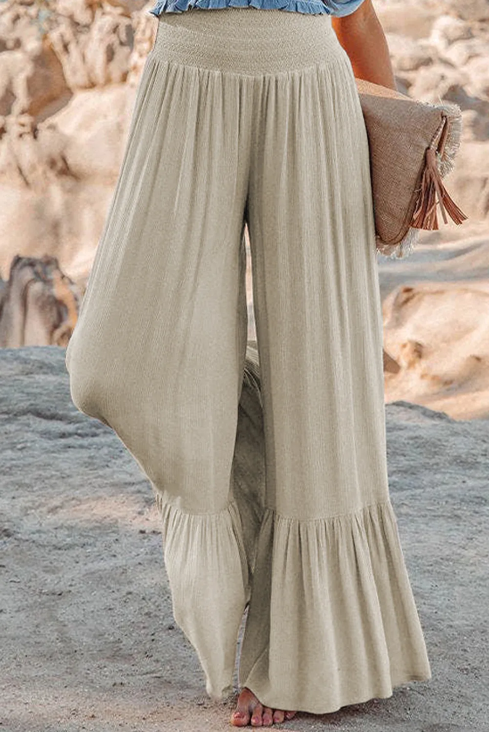 Khaki Smocked High Waist Ruffled Wide Leg Pants