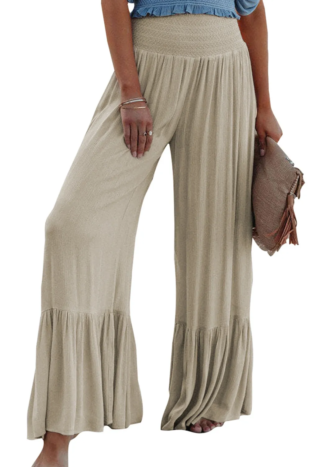 Khaki Smocked High Waist Ruffled Wide Leg Pants