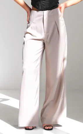 Leah Wide Leg Satin Pants - Beige