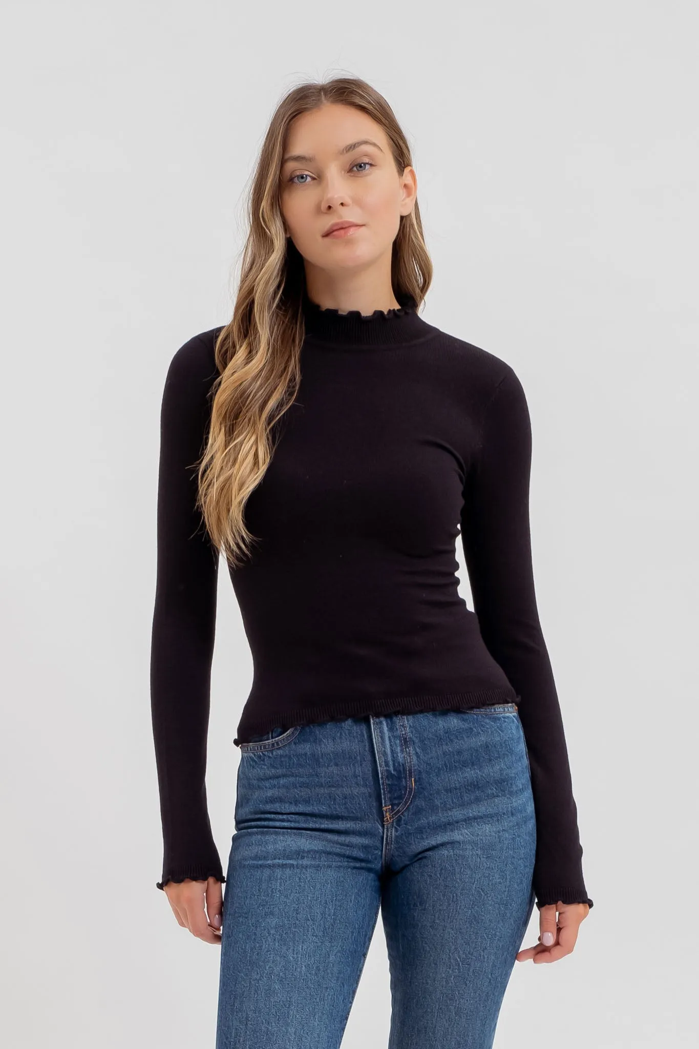 LETTUCE TRIM MOCK NECK SWEATER KNIT TOP