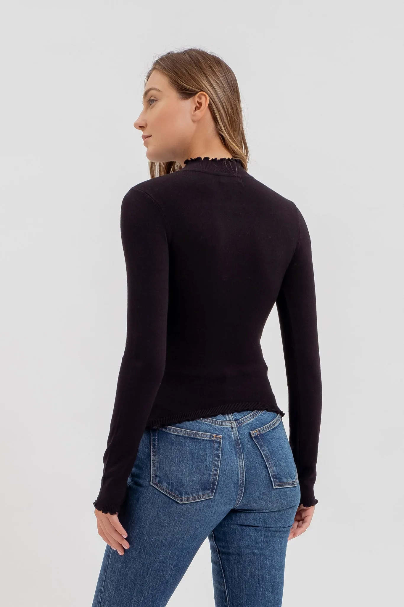 LETTUCE TRIM MOCK NECK SWEATER KNIT TOP