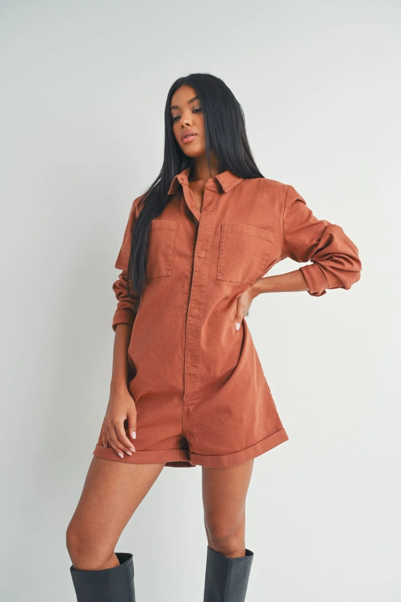 Long Sleeve Button-Up Romper