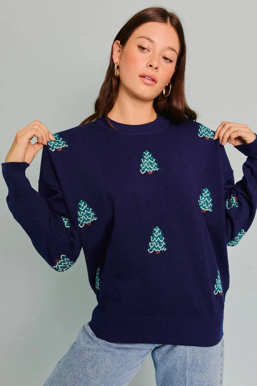 LONG SLEEVE CREW NECK CHRISTMAS TREE SWEATER