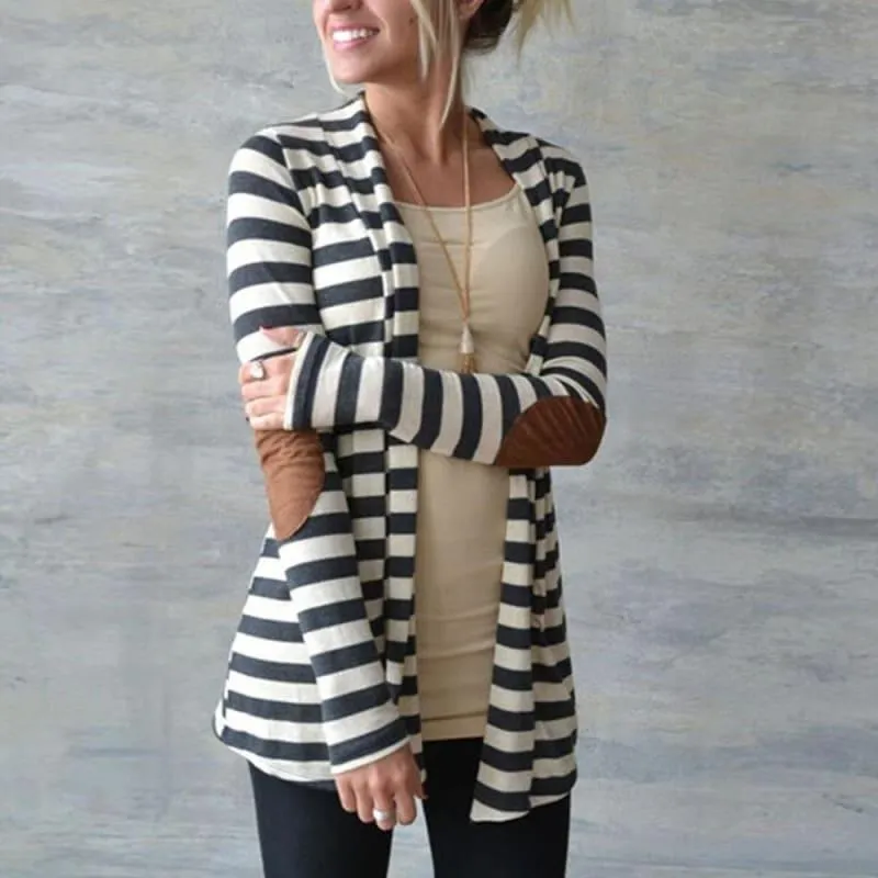 Long Sleeve Striped Printed Casual Elbow Patchwork Knitted Sweater