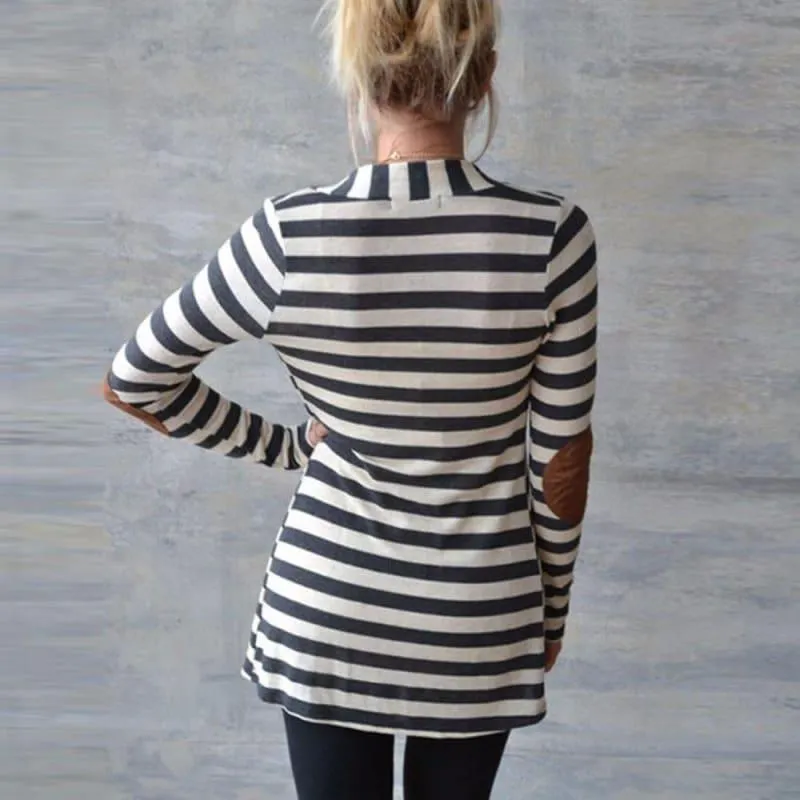 Long Sleeve Striped Printed Casual Elbow Patchwork Knitted Sweater