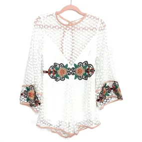 Luxxel White Crochet and Embroidered Bell Sleeve Romper- Size M