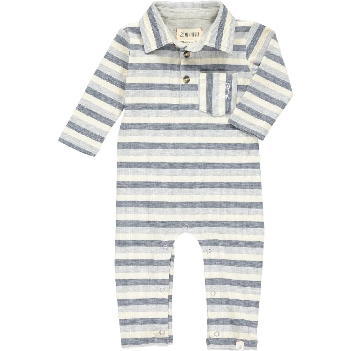 Me & Henry Grey & Navy Rib Stripe Franklin L/S Polo Romper