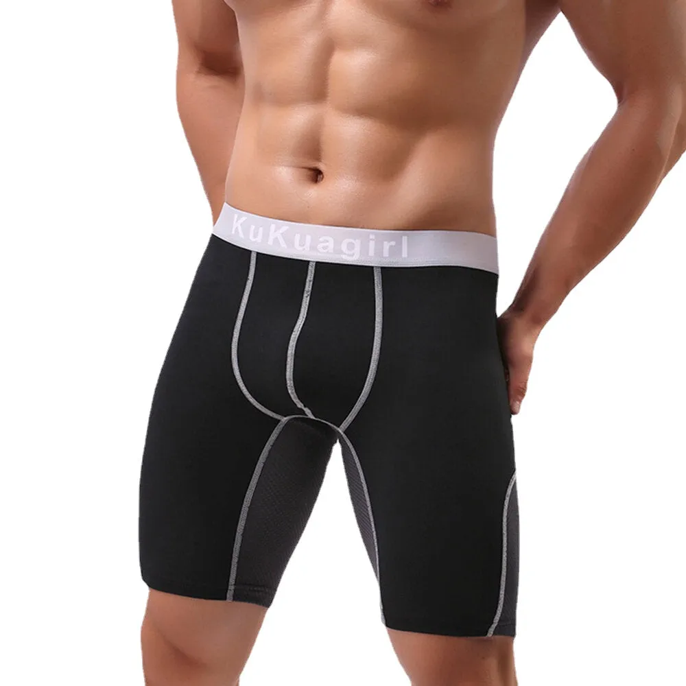 Mens Breathable Mesh Splice Elastic U Convex Pouch Fitness Lengthen Sport Boxer Underwear