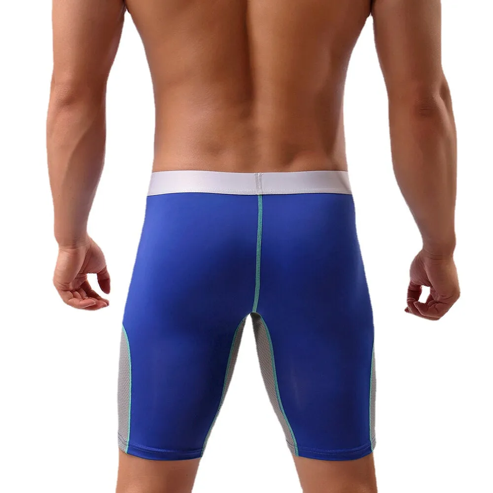 Mens Breathable Mesh Splice Elastic U Convex Pouch Fitness Lengthen Sport Boxer Underwear