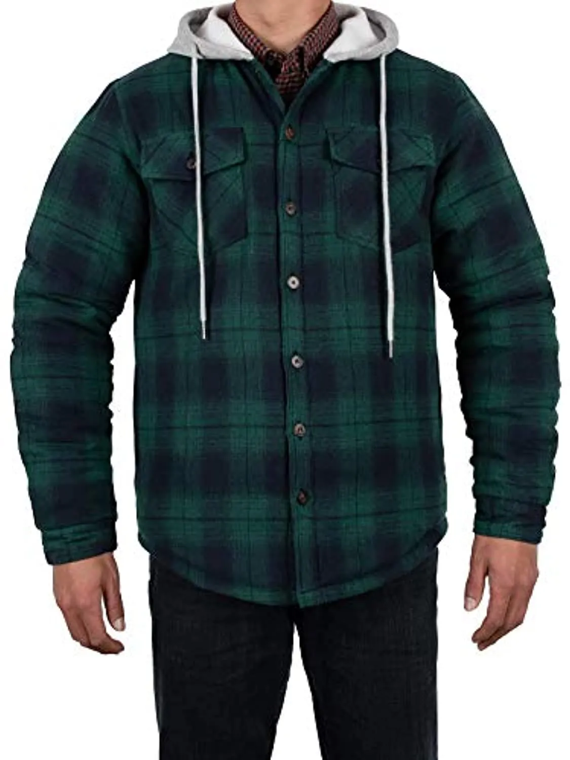 Men's Quilted Lined Button Down Plaid Flannel Shirt Jacket with Hood