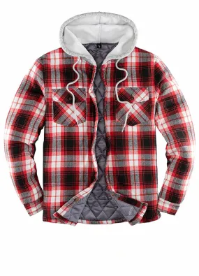 Men's Quilted Lined Button Down Plaid Flannel Shirt Jacket with Hood