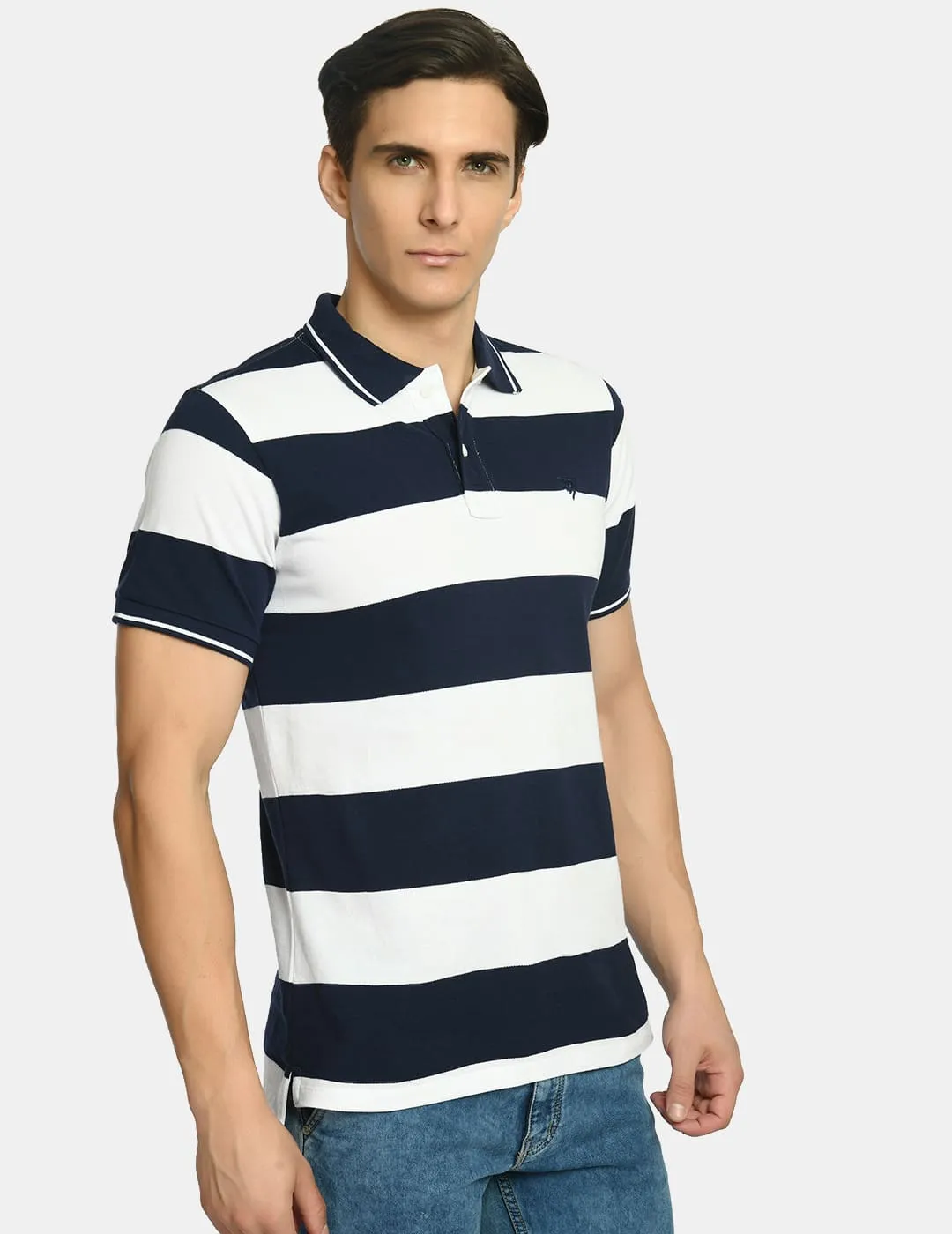 Men's Striped Nevy White Polo T-Shirt