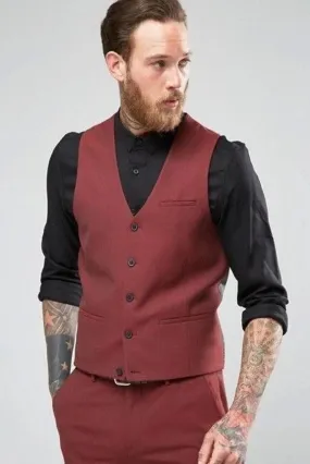 Men's Waistcoats Maroon Wedding Formal Wear Adjustable Back Belt and V Shape Stylish Vest Prom Wear Bespoke