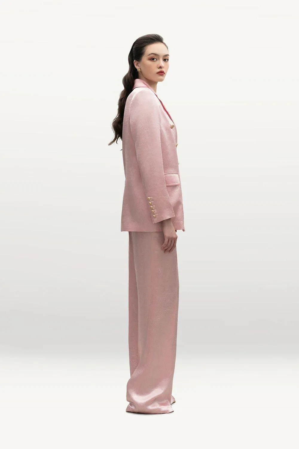 Mireille Straight High Waist Wrinkled Silk Floor Length Pants