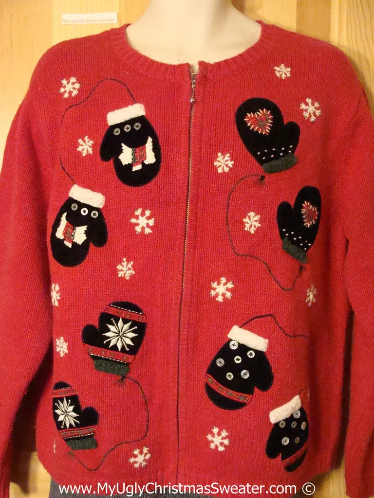 Mitten Themed Tacky Christmas Sweater with Snowflakes, Scotty Terrier Dogs, and Hearts (f1299)