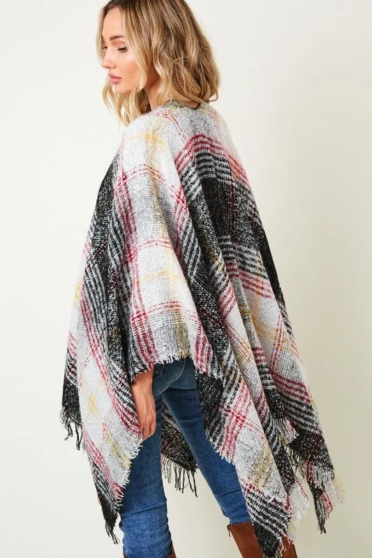 MULTI COLOR PLAID FRINGE TRIM PONCHO SHAWL